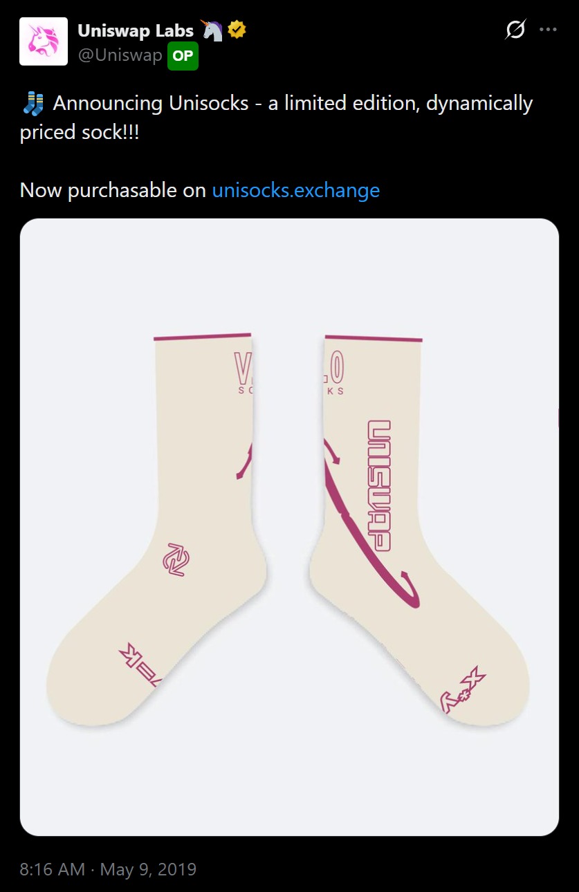 Uniswap Labs announcing Unisocks on X, May 2019